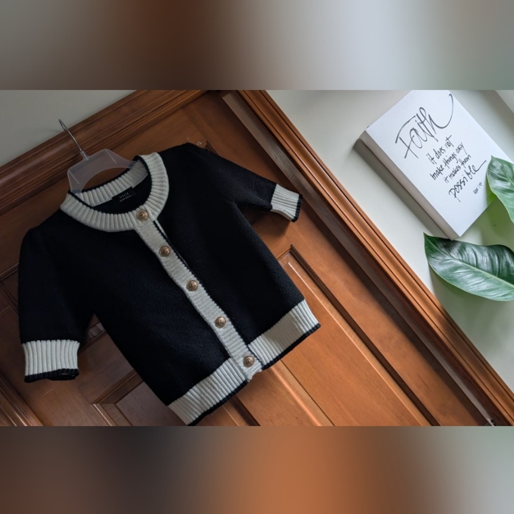 Vici Black Cardigan with Cream Trim and Gold Button